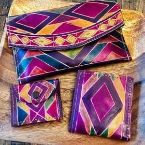 Colorful Geometric Leather Wallet Set Vintage